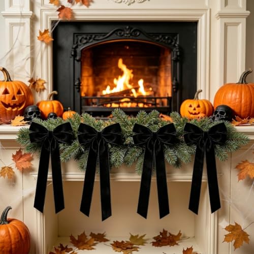 Black Velvet Bows for Christmas Tree Decorations - 12 Pack, Pre-Tied Holiday Ornaments