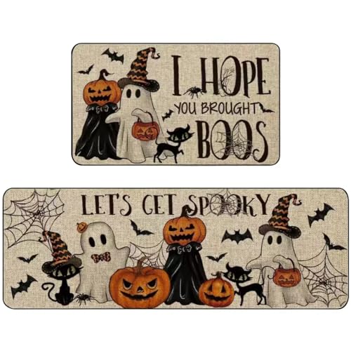 Halloween Black Cat Kitchen Mat Set - 2-Pack Non-Slip Decor Rugs, 17x29 & 17x47