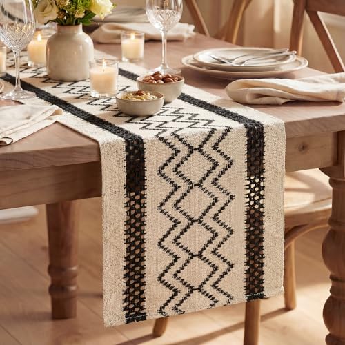 Artoid Mode Black Stripe Diamond Woven Table Runner 12x72 Inch - Black Variation