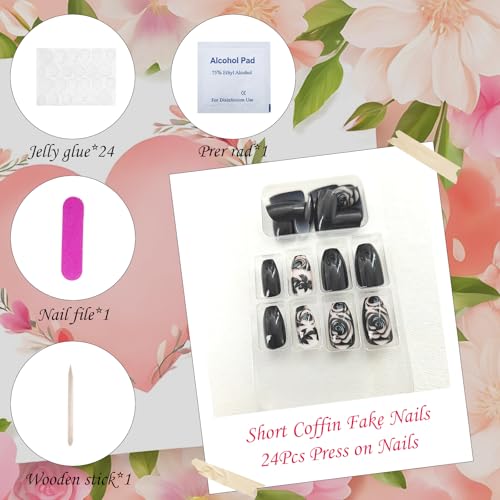 Coffin Press On Nails Short Fake Nails with Rose Leaves Design - Black Glossy 24Pcs