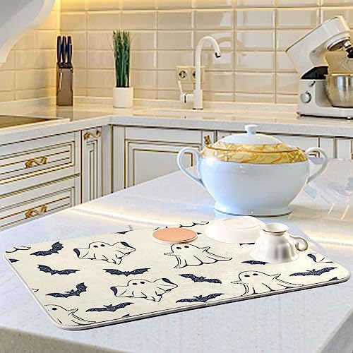 Halloween Spooky Ghost Bats Dish Drying Mat - 18x24 in Multicolor, Microfiber Kitchen Counter Pad