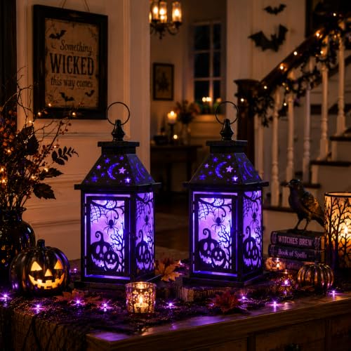 Halloween Lantern Set of 2 Indoor & Outdoor Spider & Pumpkin Candle Holders with LED Lights - 14.7 Inch, 8 Modes