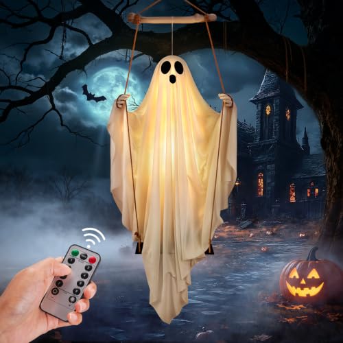 White 5FT Hanging Ghost with Remote Control Halloween Decorations Outdoor