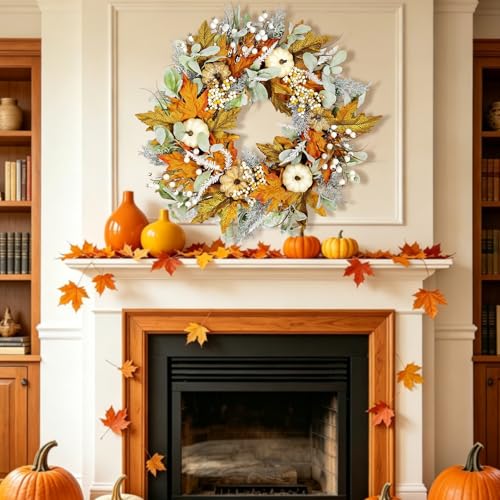 Yellow 24-Inch Pre-Lit Harvest Fall Wreath for Front Door - Thanksgiving Decor