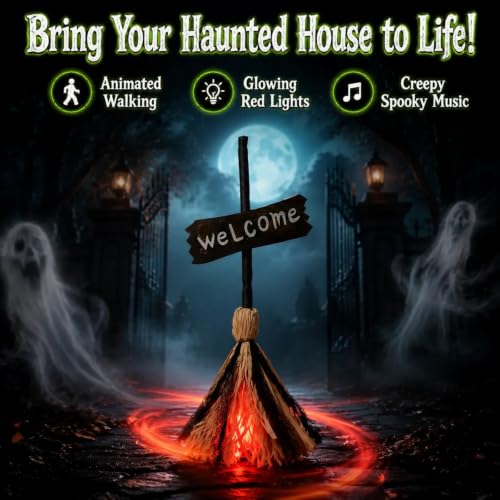 Self-Moving Light Up Witch Broom with Spooky Music for Halloween Decor