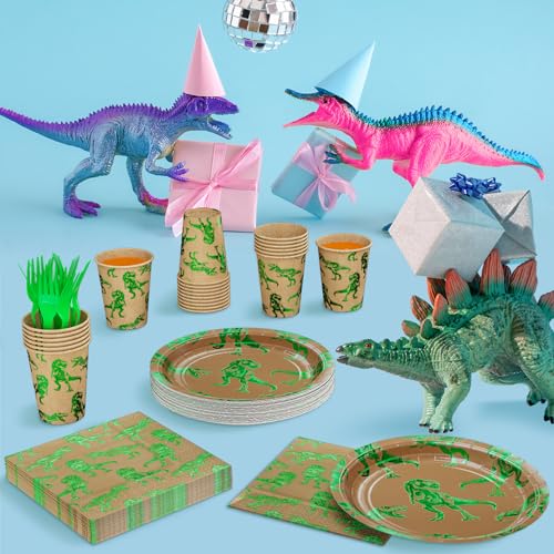 Green Foil Dinosaur Disposable Party Tableware Set for Kids Birthday, Serves 24