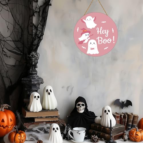 Pink Halloween Door Wreath with Ghost and Bat Decorations, Festive Wall Decor