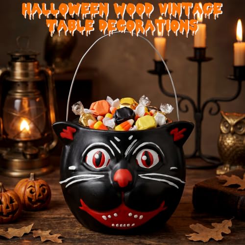 Halloween Black Cat Bucket Vase - Vintage Resin Trick or Treat Basket - Black & White