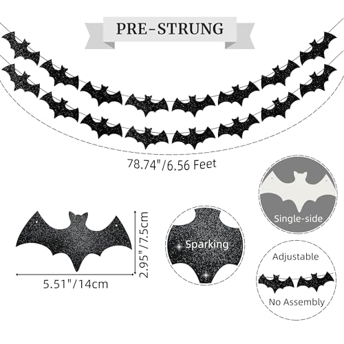 Black Glitter Bat Garland Banner for Halloween Party Decorations - Variation: Glitter-Black
