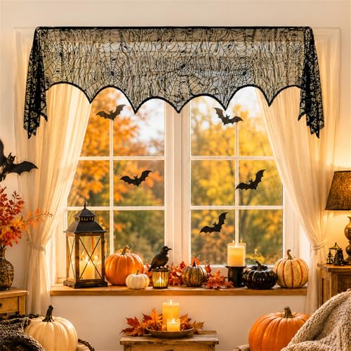 Halloween Fireplace Mantel Scarf - Black Lace Spiderweb Decor 18x96 Inches