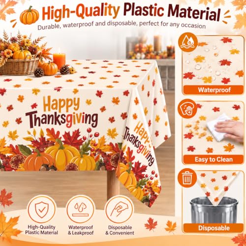 Happy Thanksgiving Disposable Plastic Tablecloth Set - 3 Pieces 54x108 Inches