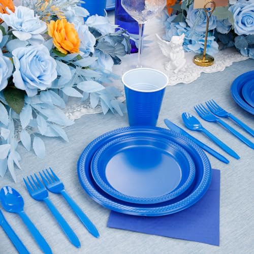 Blue Disposable Party Plates Set for 50 People - 9-inch Dinner & 7-inch Dessert Plates, Cups & Cutlery - Blue Variation