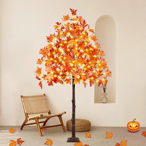 1 Pack 6FT Lighted Maple Tree with 150 LED Fall Leaves for Indoor Outdoor Decor