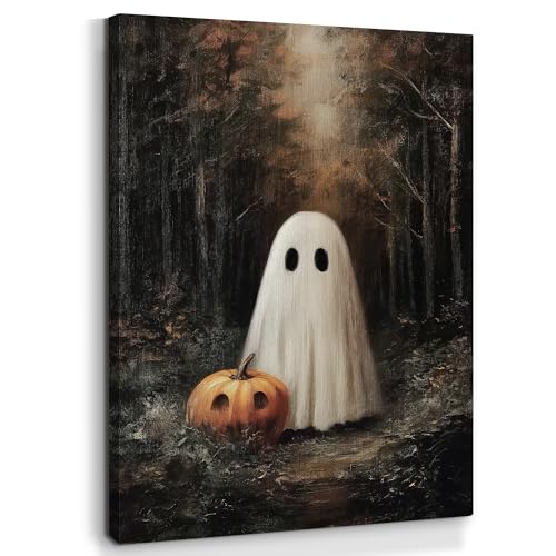 Halloween Ghost Pumpkin Canvas Wall Art - 11x14 Inch Spooky Home Decor