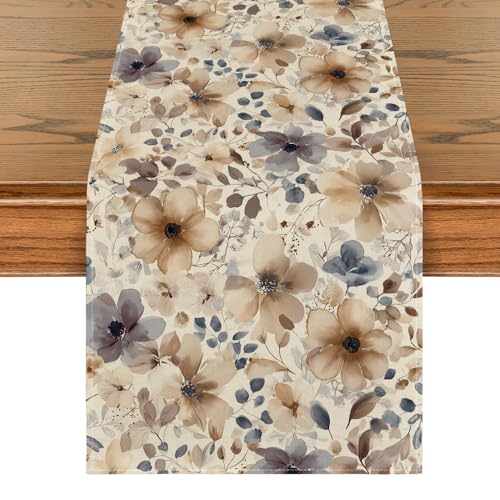 13x120 Inch Spring Poppy Floral Table Runner - Seasonal Kitchen Decor Brown