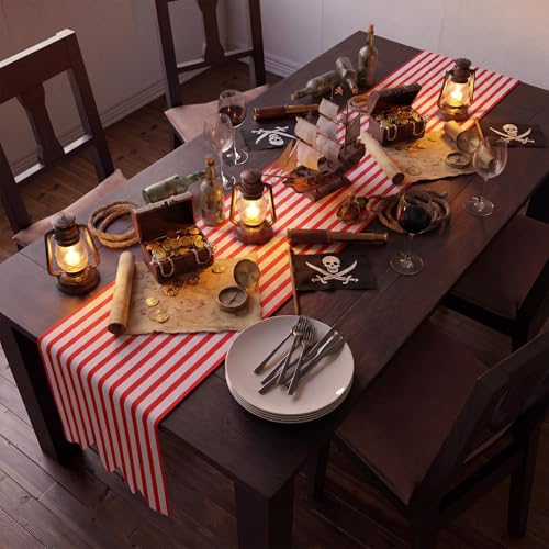 Pirate Table Runner Halloween Decorations Red White 71x12 Inches - Pirate Party Supplies
