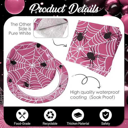 Pink Halloween Party Decorations Set - Spiderweb Plates & Napkins, 75 Pcs - Variation of Pink