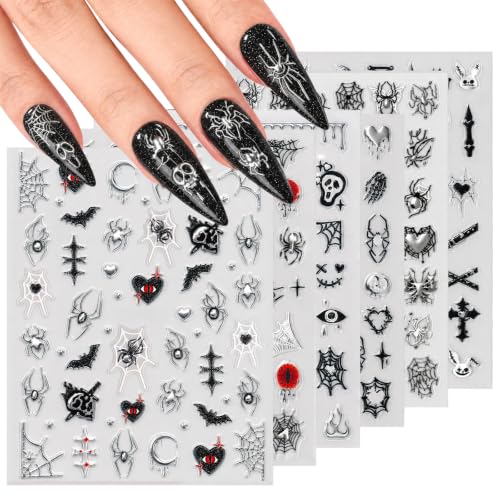 Halloween Nail Stickers - 6 Sheets Spooky Chrome Embossed Decals - Dark Ghost Variation