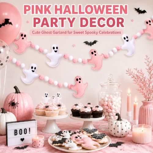 Pink Halloween Garland with Ghost and Pumpkin Decorations - 8.2 Ft Felt Mantel Decor