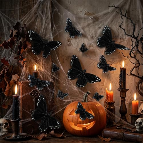 Black Artificial Feather Butterfly Decorations with Clips for Halloween, Wall, Party & Home Decor