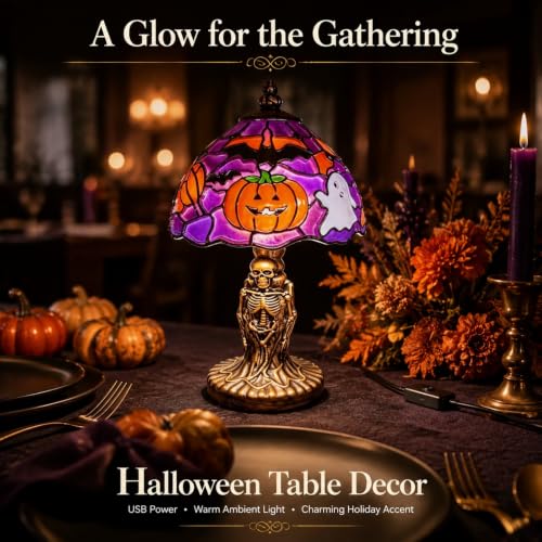 Skeleton Table Lamp - Handcrafted Halloween Painted Lamp with Bat and Pumpkin Motif