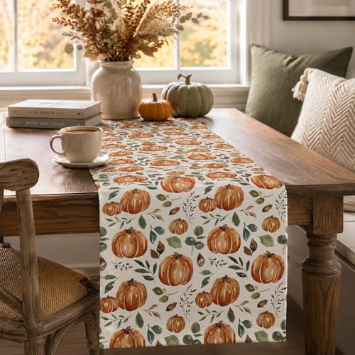 Pumpkin Table Runner with Roses Leaves Fall Seasonal Autumn Kitchen Decor 13x72 Inch
