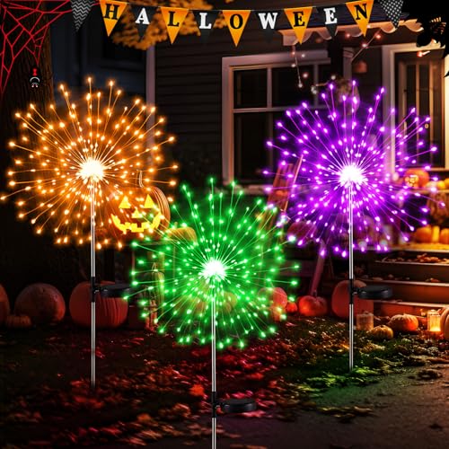 Halloween Solar Firework Lights 3 Pcs - Purple, Orange, Green LED Pathway Decor