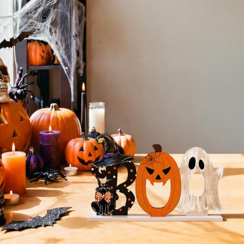 Smile Halloween Wooden Standing Decor Set Ghost Pumpkin Black Cat Letter Boo
