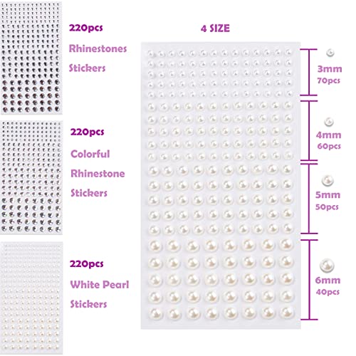 Resin Face Gems Set with Clear, Pearl, AB Rhinestones – Self-Adhesive Makeup & DIY Crafts (660pcs, 4 Sizes) - Variation: Clear + AB + Pearl