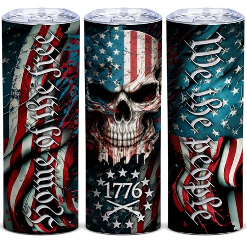 Black Patriotic Skull Tumbler 20oz Travel Mug - American Flag Design