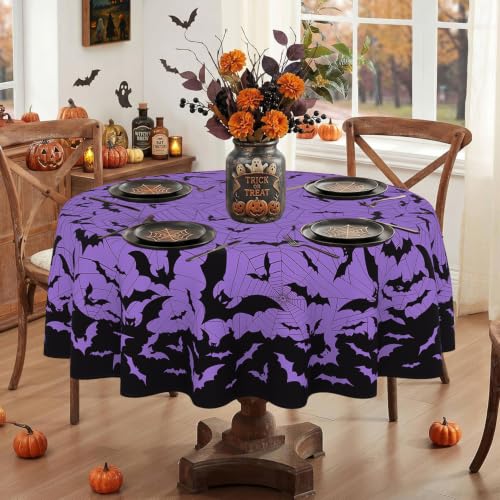 Halloween Bat & Spiderweb Round Tablecloth 60 Inch - Purple, Machine Washable & Stain Resistant - Variation: Bat/Halloween-60"