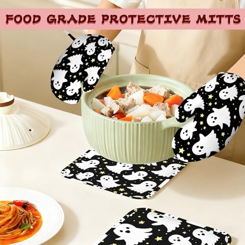Halloween Ghosts Heat-Resistant Silicone Oven Mitts & Pot Holders Set - Long Non-Slip Kitchen Gloves