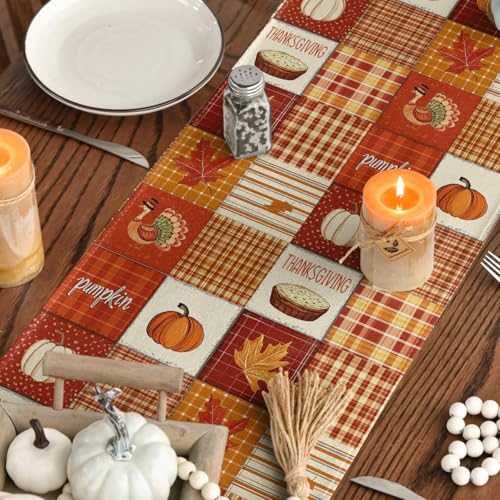 Buffalo Plaid Pumpkins & Turkey Thanksgiving Table Runner - 13 x 90 Inch Orange