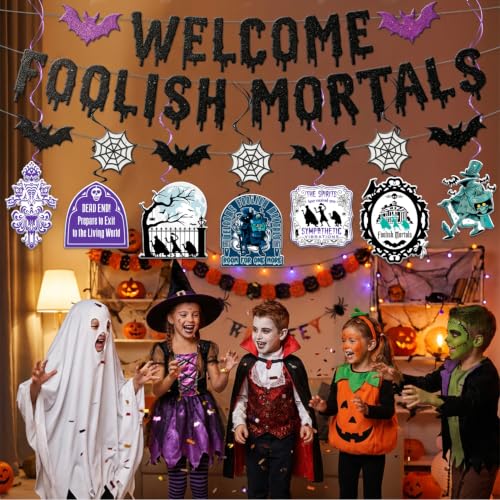 Halloween Haunted Party Decorations Banner & Swirls Set - Black Glitter Welcome Mortals