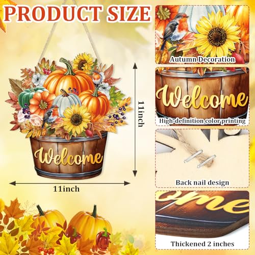 Fall Barrel Welcome Wreath for Front Door - Large Wooden Pumpkin & Maple Leaf Thanksgiving Sign - Farmhouse Autumn Decor