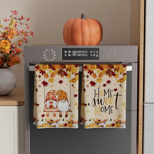 Gnome Pumpkin Dish Towels Set of 2 - Fall Kitchen Decor 18x26 Inches