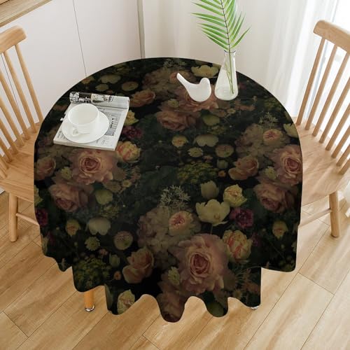 Round 60x60 Inch Black Floral Tablecloth - Rustic Watercolor Botanical Design - Flower-1 Variation