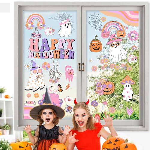 Kreatwow Halloween Groovy Window Clings - 6Pcs Double-Sided Ghost Pumpkin Party Decor