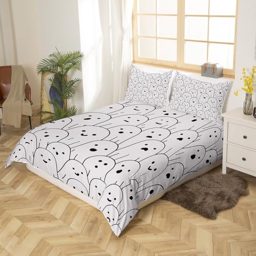 Ghost Bedding Set Full Size - Gray Ghost Comforter Cover with Pillowcases, Halloween Theme, Breathable Microfiber