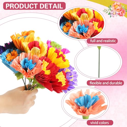 Bright Mexican Crepe Paper Flowers Set - 36 Colorful Tissue Flowers with Stems