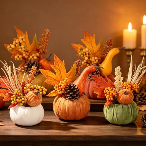 Autumn Pumpkin Decor Set - 5PCS Fall Thanksgiving Home Indoor Decorations - Green, Coffee, White, Camel