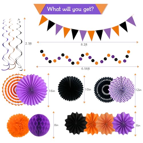 Purple Halloween Party Decorations Kit - Paper Fans Pom Poms Banner & More