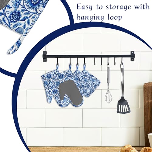 Blue White Floral Oven Mitts & Pot Holders Set - Heat-Resistant Silicone Kitchen Gloves - 4 Pack