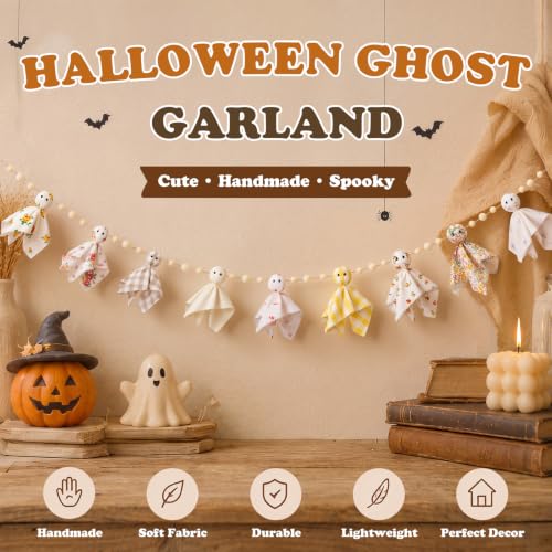 7 ft Halloween Ghost Banner Garland with Fabric Ghosts & Wooden Beads - Festive Home Decor