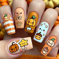Fall Halloween Press On Nails with Cartoon Pumpkin & Maple Leaf - Style 8
