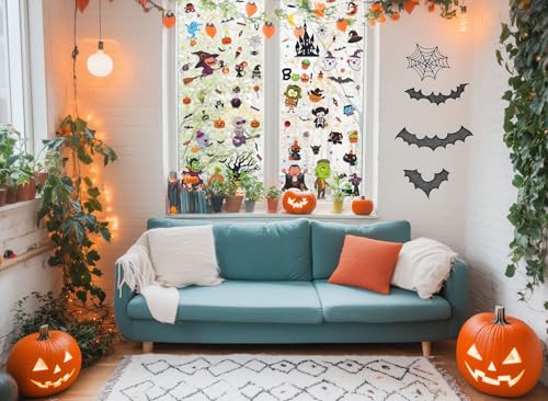 Halloween Window Clings Set - Double Sided Witch Ghost Pumpkin Bat 9 Sheets with Variation Monster Witch