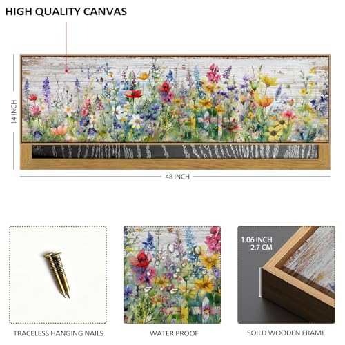 Wood Framed Colorful Wildflower Wall Art - Farmhouse Canvas Decor 14x48” - Flower Landscape