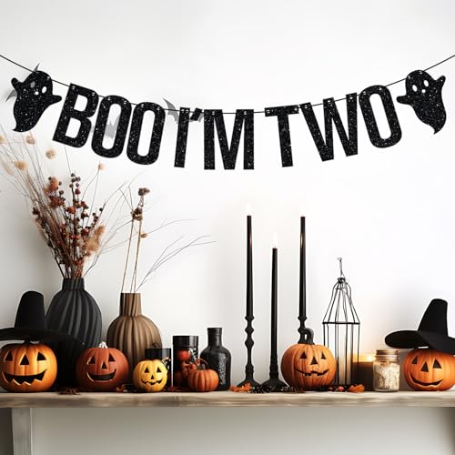 Two Boo I'm Two Banner Halloween Birthday Decorations - Black Glitter