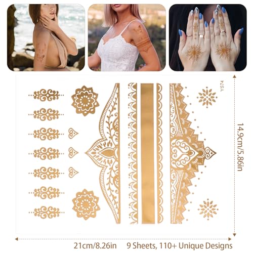 Gold Temporary Tattoos Set - 9 Sheets, 110+ Metallic Designs Waterproof Body Art