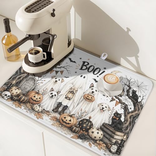 Halloween Dog Dish Drying Mat Ghost 18x24 Inch Absorbent Non-Slip